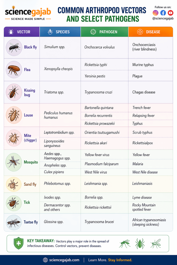 Common arthropod vectors infographic showing insects like mosquitoes, ticks, fleas and their associated pathogens and diseases – sciencegajab