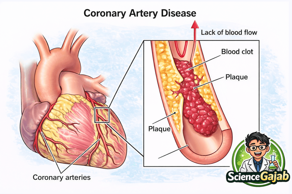 Coronary artery disease diagram showing plaque buildup and blood clot blocking artery with reduced blood flow