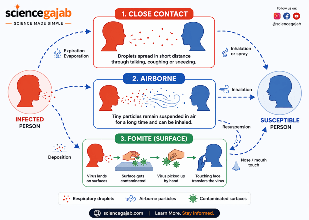 Educational infographic explaining how infections spread through close contact, airborne particles, and contaminated surfaces, showing transmission from infected to susceptible person – sciencegajab
