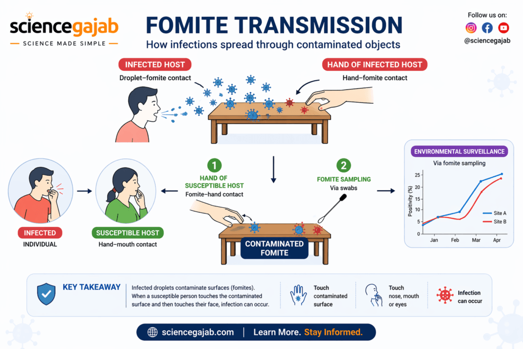 Educational infographic illustrating the spread of infection through contaminated objects, showing droplet deposition on surfaces, hand contact, and transfer to eyes, nose, or mouth – sciencegajab