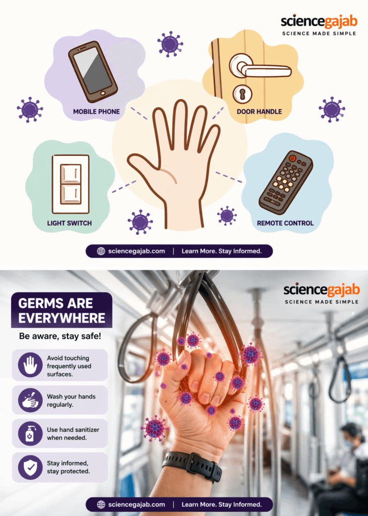 Germ transmission through contaminated surfaces and public transport handles showing how infections spread by touch – sciencegajab