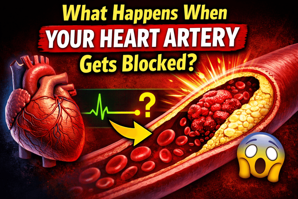 What happens when a coronary artery gets blocked thumbnail showing heart and clogged artery diagram