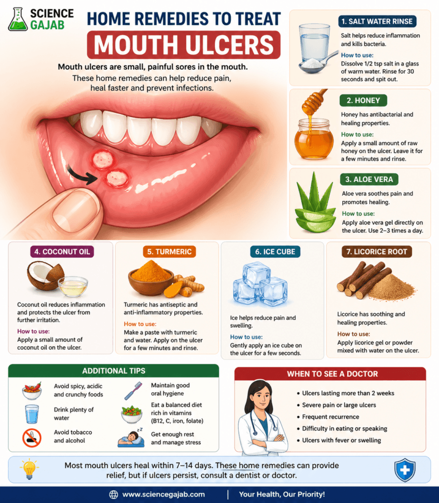 Infographic on home remedies for mouth ulcers showing painful sores on inner lip with treatments like salt water rinse, honey, aloe vera, coconut oil, turmeric, ice, and licorice, plus prevention tips and when to see a doctor.