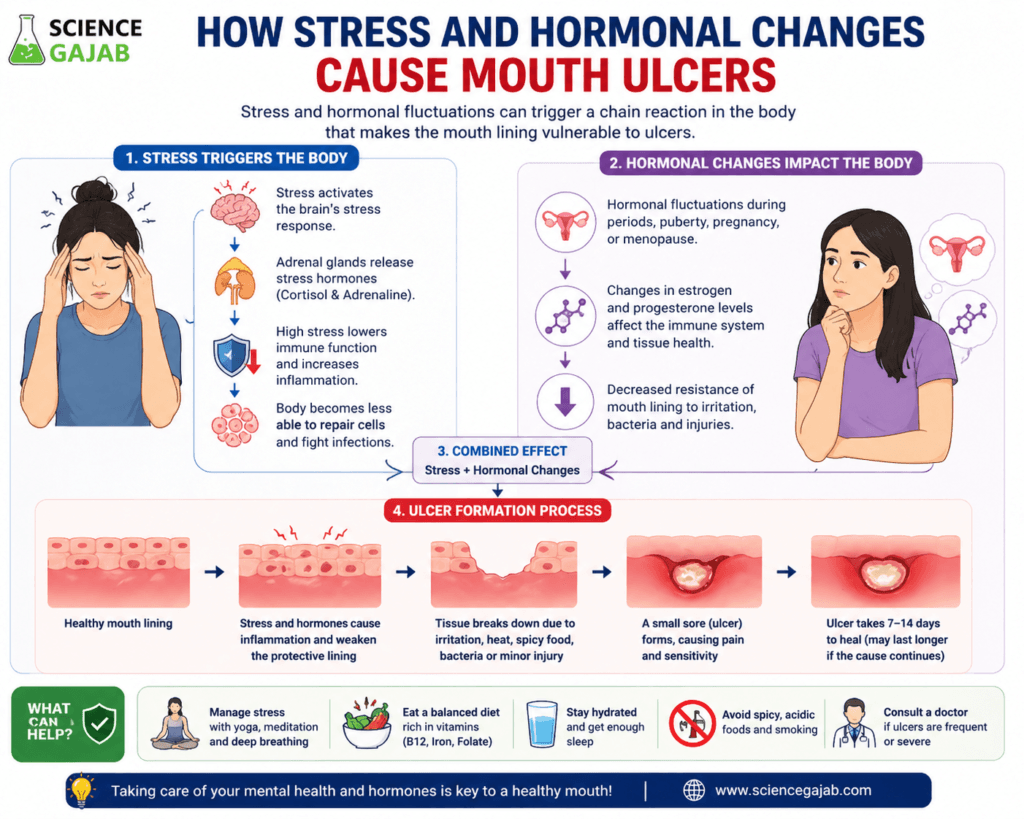 Infographic explaining how stress and hormonal changes cause mouth ulcers, showing step-by-step process from stress hormone release and immune suppression to inflammation, tissue breakdown, and ulcer formation, with prevention tips by ScienceGajab.
