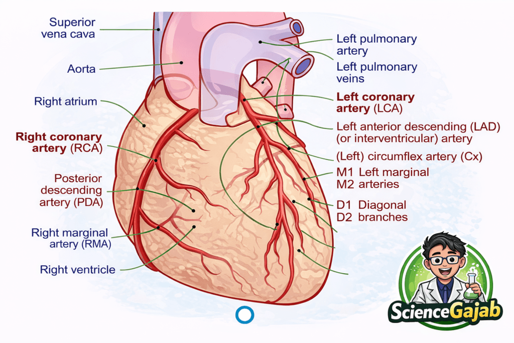 Labeled diagram of human heart showing coronary arteries including LAD, RCA, and circumflex artery with ScienceGajab branding