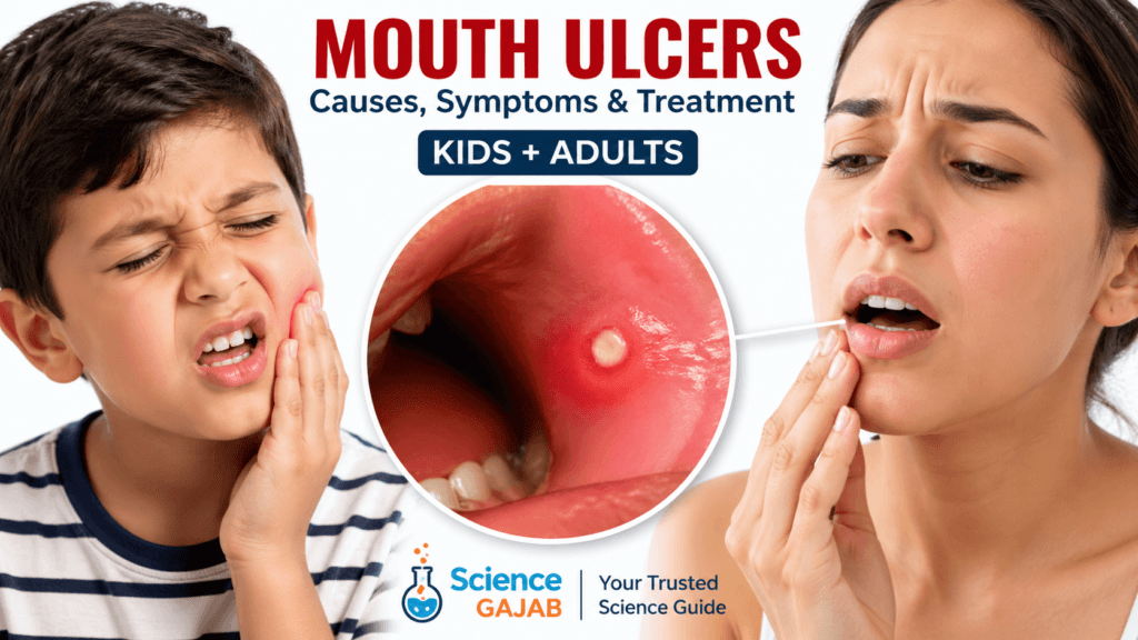 Realistic illustration of a painful mouth ulcer inside cheek with white center and red border, showing a child and an adult holding their cheeks in discomfort, healthcare concept with ScienceGajab branding.