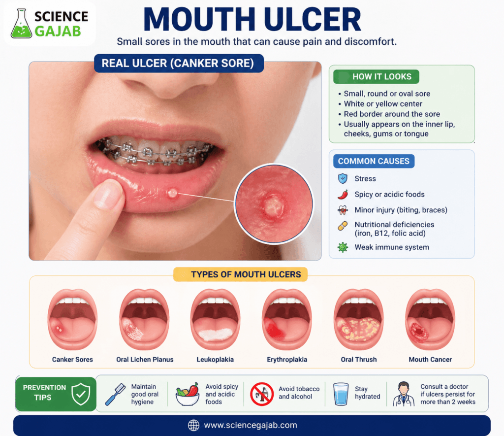 Close-up of a person with braces showing a painful mouth ulcer (canker sore) on the inner lip, with redness and white center, highlighting symptoms, causes, and types of mouth ulcers in an educational ScienceGajab infographic.