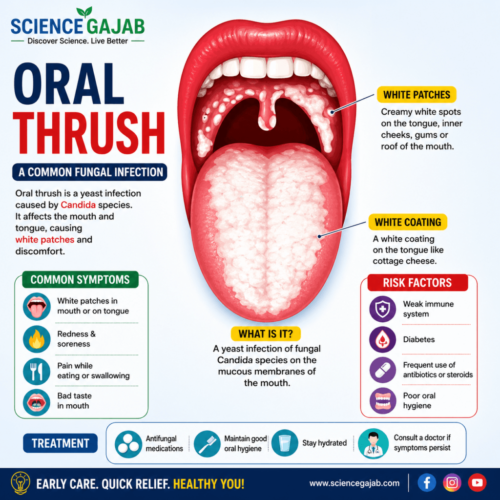 Infographic of oral thrush showing white patches on tongue and inner mouth caused by Candida fungal infection, with labeled symptoms, risk factors, and treatment tips under ScienceGajab branding.