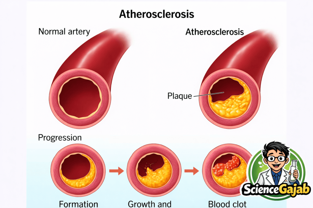 Normal artery vs atherosclerosis illustration showing plaque buildup and narrowed blood vessel