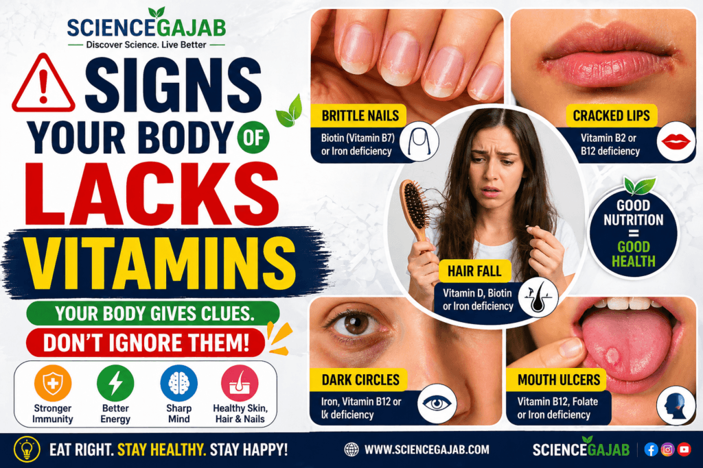 Featured image showing warning signs of vitamin deficiency including brittle nails, cracked lips, hair fall, dark circles, and mouth ulcers, with bold text “Signs Your Body Lacks Vitamins – Don’t Ignore These Warning Signs.”