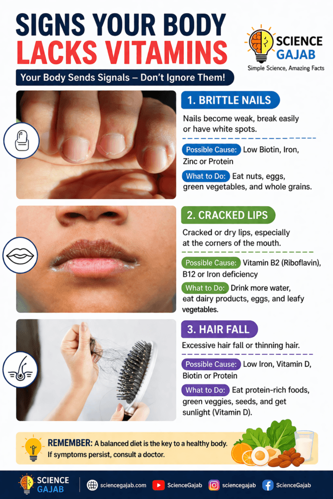 Infographic showing signs of vitamin deficiency including brittle nails, cracked lips, and hair fall, with causes like biotin, vitamin B12, iron, and vitamin D deficiency, and simple diet tips for improvement.