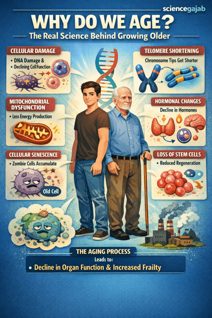 Infographic titled “Why Do We Age? The Real Science Behind Growing Older” with ScienceGajab branding, showing a young man aging into an elderly man, surrounded by diagrams of cellular damage, telomere shortening, mitochondrial dysfunction, hormonal decline, cellular senescence, and loss of stem cells leading to reduced organ function and frailty.