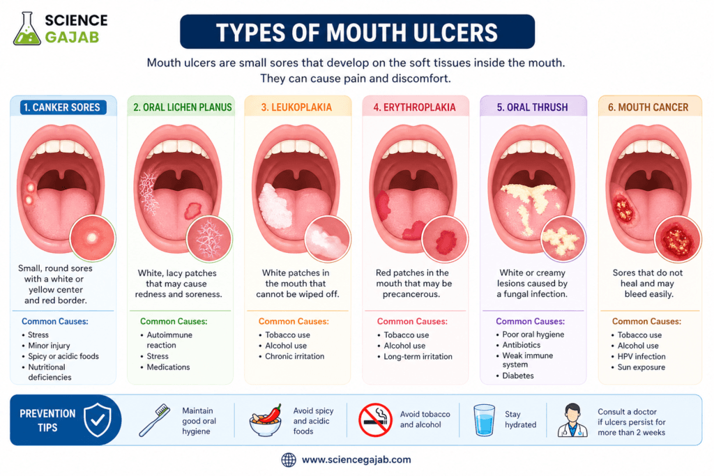 Types of mouth ulcers explained with clear visualsโcanker sores, oral lichen planus, leukoplakia, erythroplakia, oral thrush, and mouth cancerโshowing symptoms, causes, and prevention tips in an easy infographic.