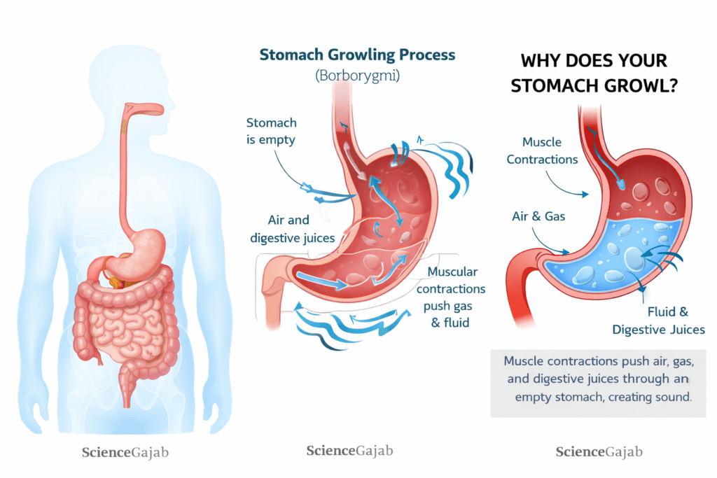 Stomach growling process illustration showing muscle contractions pushing air, gas, and digestive juices in empty stomach