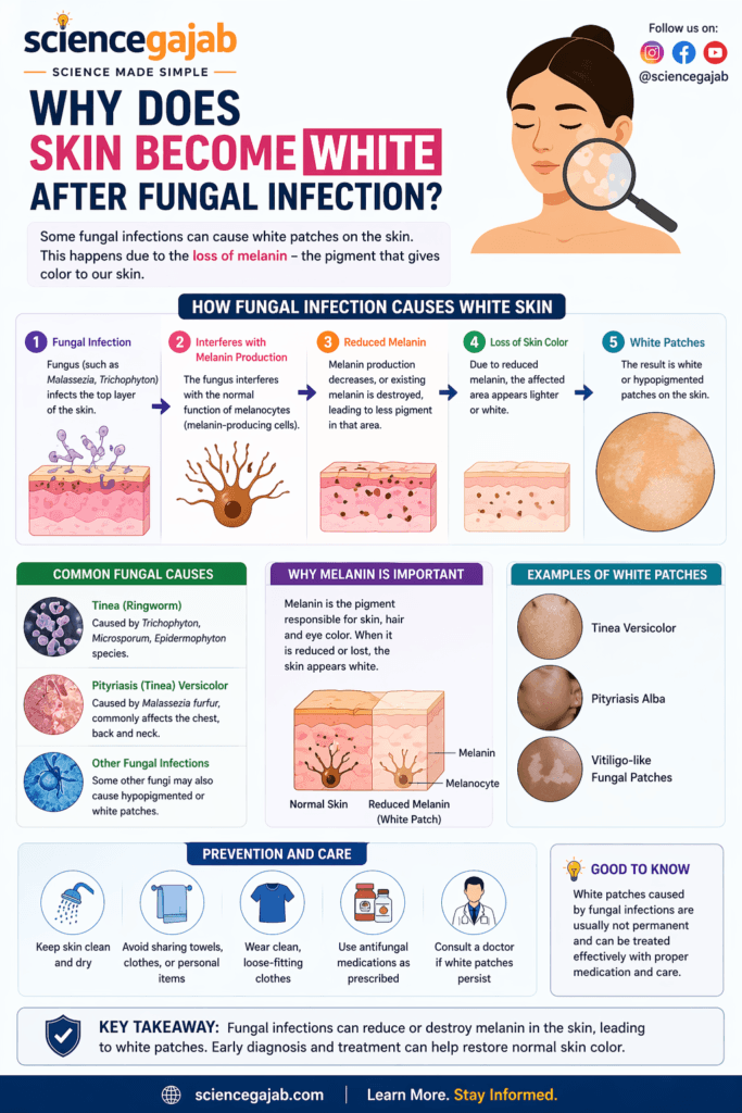 Infographic explaining white patches after fungal infection due to reduced melanin production and skin depigmentation – sciencegajab