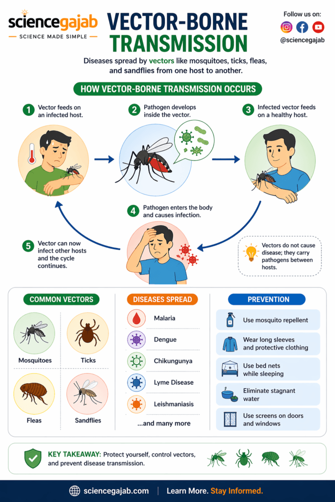 Diagram explaining vector-borne disease transmission cycle where insects carry pathogens from infected to healthy individuals – sciencegajab