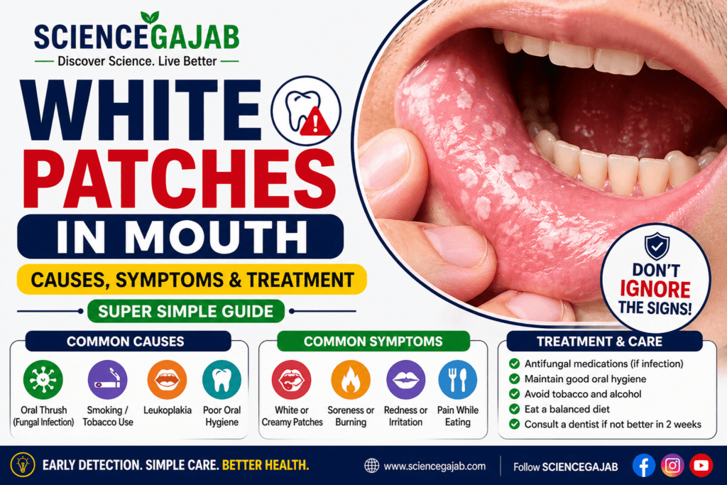 White patches in mouth shown on inner cheek and tongue with bold headline explaining causes, symptoms, and treatment, including oral thrush, leukoplakia, and poor oral hygiene warning signs.