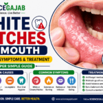 White patches in mouth shown on inner cheek and tongue with bold headline explaining causes, symptoms, and treatment, including oral thrush, leukoplakia, and poor oral hygiene warning signs.