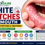 White patches in mouth shown on inner cheek and tongue with bold headline explaining causes, symptoms, and treatment, including oral thrush, leukoplakia, and poor oral hygiene warning signs.