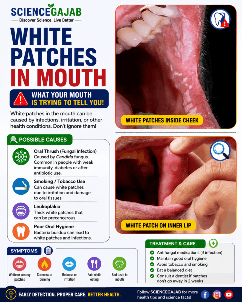 Infographic showing white patches inside the mouth on cheek and inner lip, highlighting causes like oral thrush, smoking, leukoplakia, and poor oral hygiene, with symptoms and treatment tips under ScienceGajab branding.