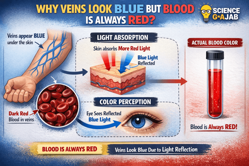 Why veins appear blue under skin but blood is actually red – detailed science infographic explaining light absorption, reflection of blue light, and human color perception with labeled diagram and ScienceGajab branding