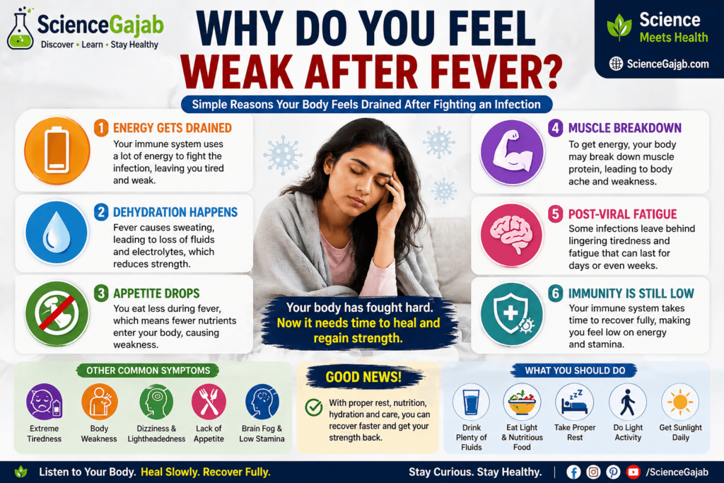 Infographic explaining why you feel weak after fever, showing causes like energy depletion, dehydration, low appetite, muscle breakdown, and post-viral fatigue, along with common symptoms and recovery tips, featuring ScienceGajab branding and a tired person illustrating post-fever weakness.