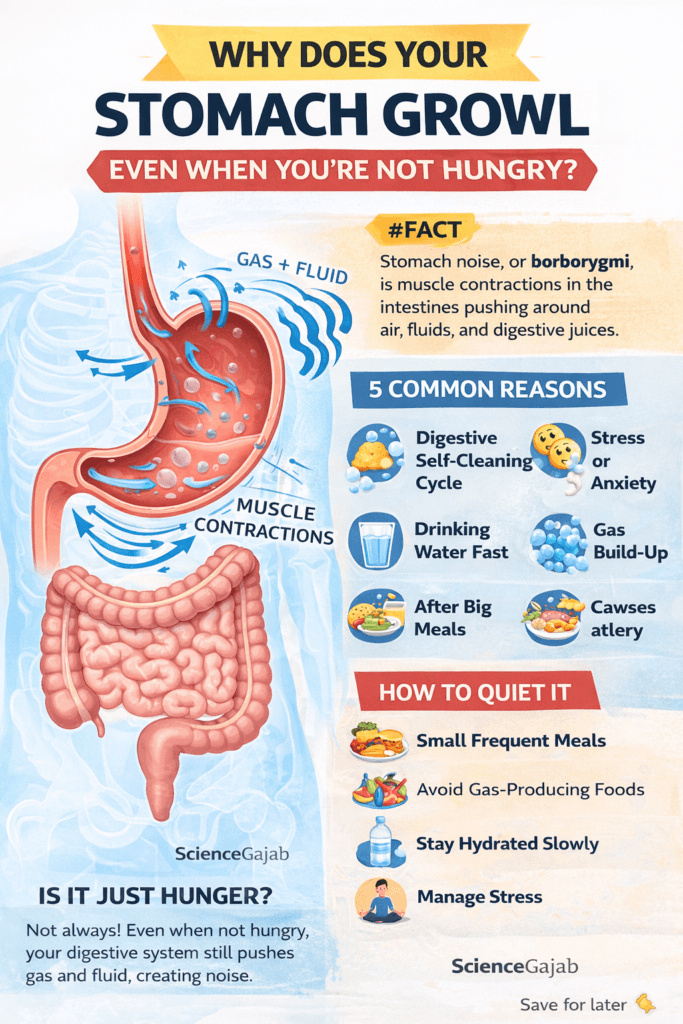 Why does stomach growl even when not hungry infographic showing borborygmi, gas, fluid movement, and digestive muscle contractions