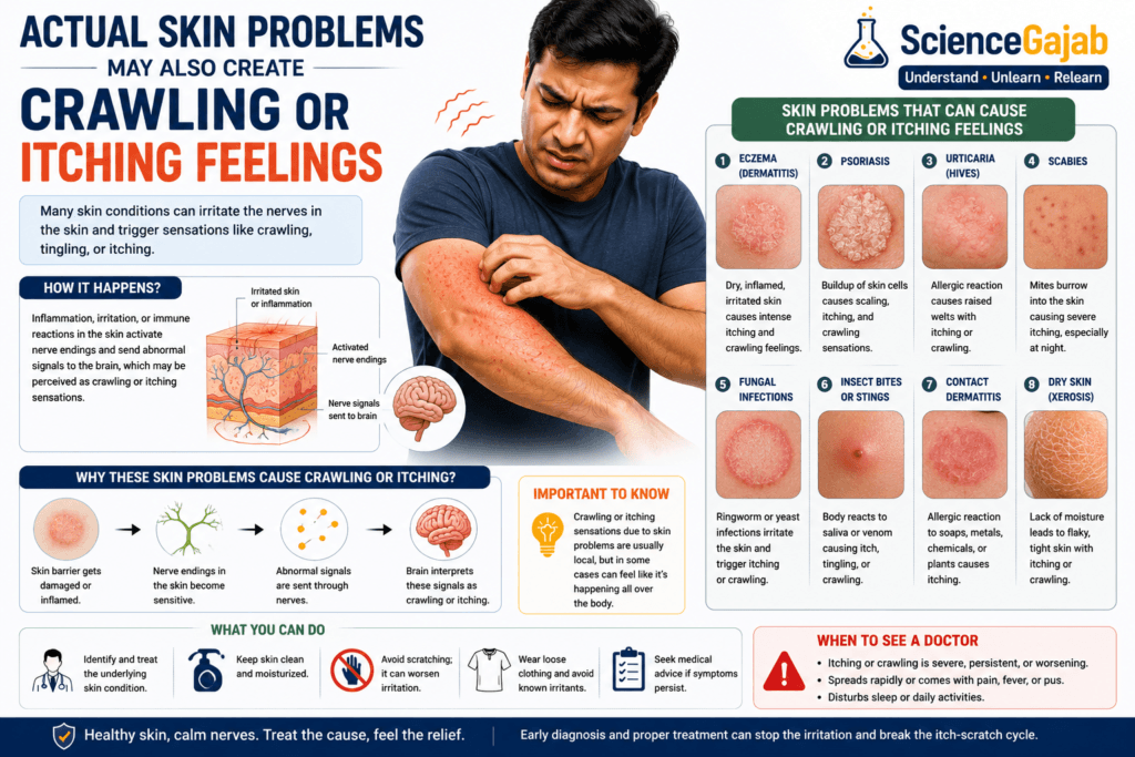 Man scratching irritated skin while experiencing crawling and itching sensations caused by skin problems, with infographic sections explaining eczema, psoriasis, fungal infections, contact dermatitis, dry skin, insect bites, and nerve-related itching