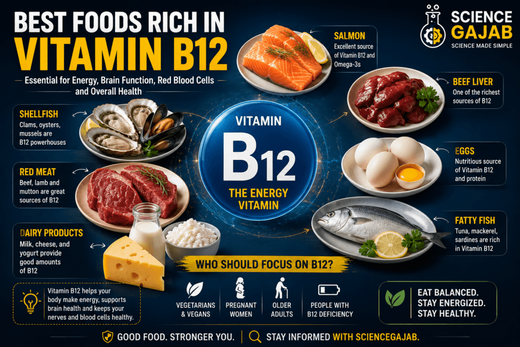 Infographic showing the best foods rich in Vitamin B12 including salmon, eggs, shellfish, red meat, dairy products, beef liver, and fatty fish with health benefits