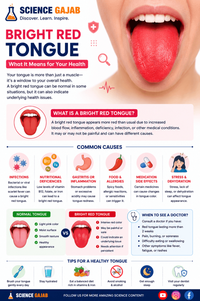 ScienceGajab educational infographic explaining bright red tongue and its health meaning, featuring a close-up of a bright red tongue, comparison between normal and red tongue, common causes like infections and vitamin deficiencies, warning signs, and oral health care tips.