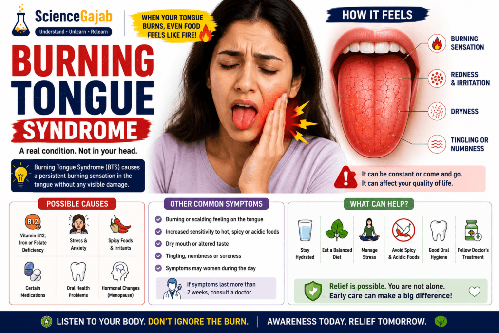 Woman experiencing burning tongue syndrome with a red irritated tongue and mouth pain, alongside a detailed tongue illustration showing burning sensation, redness, dryness, and tingling symptoms, with causes and relief tips