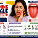 Woman experiencing burning tongue syndrome with a red irritated tongue and mouth pain, alongside a detailed tongue illustration showing burning sensation, redness, dryness, and tingling symptoms, with causes and relief tips