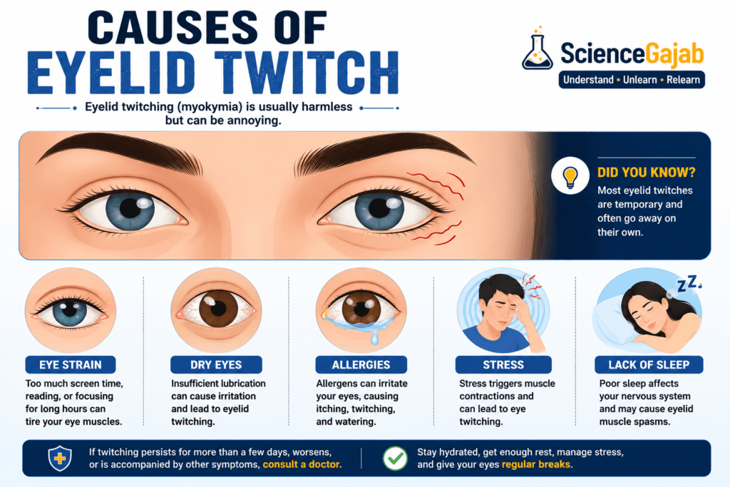 Infographic showing common causes of eyelid twitching, including eye strain, dry eyes, allergies, stress, and lack of sleep, with detailed eye illustrations and health tips in a ScienceGajab educational design.