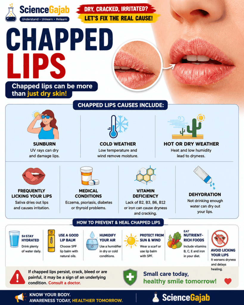 Medical infographic about chapped lips showing dry, cracked, irritated lips with sections explaining common causes like sunburn, cold weather, lip licking, dehydration, medical conditions, and vitamin deficiencies, along with prevention and healing tips