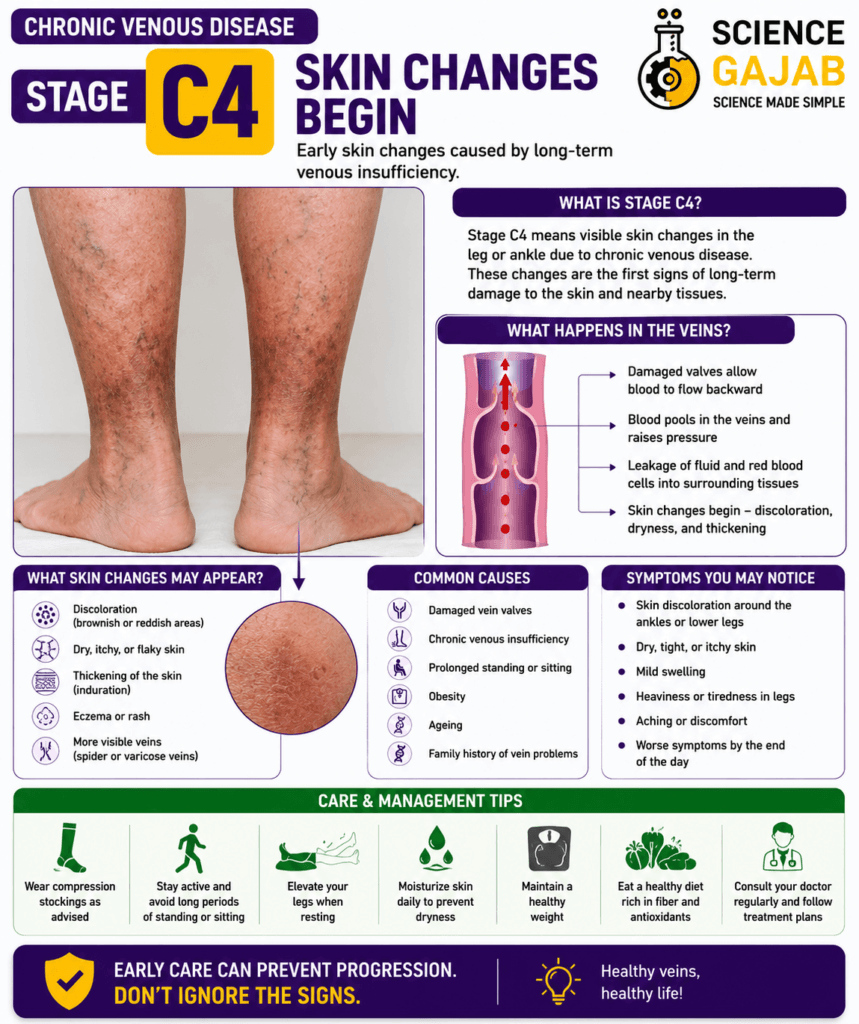 Medical infographic showing Chronic Venous Disease Stage C4 with visible skin changes on the lower legs, including discoloration, dry itchy skin, thickening, swelling, vein damage diagram, symptoms, care tips,