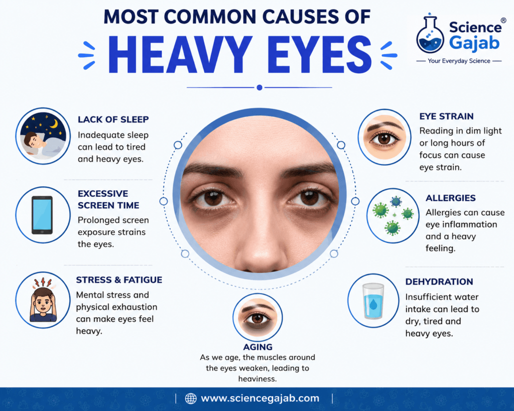 Person with tired, puffy eyes surrounded by illustrations showing common causes of heavy eyes such as lack of sleep, excessive screen time, eye strain, allergies, stress, fatigue, dehydration, and aging in a blue medical infographic design 