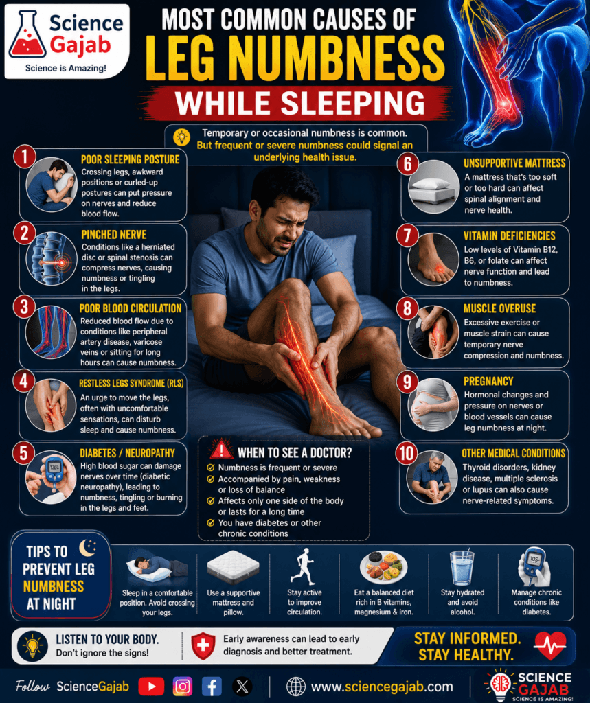 Medical infographic showing the most common causes of leg numbness while sleeping, featuring a man holding a painful numb leg with glowing nerve illustration. Includes causes such as poor sleeping posture, pinched nerve, poor circulation, restless legs syndrome, diabetes, vitamin deficiencies, muscle overuse, pregnancy, and other medical conditions.