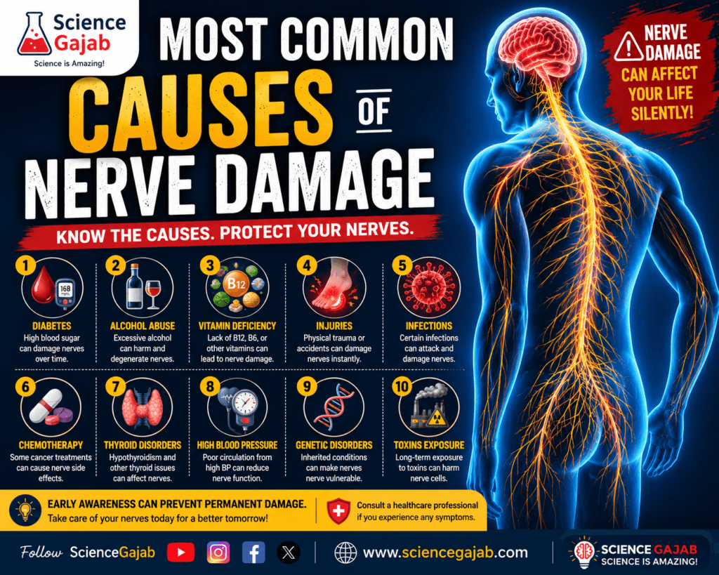 High-contrast medical infographic showing the most common causes of nerve damage with glowing human nervous system illustration. Includes diabetes, alcohol abuse, vitamin deficiency, injuries, infections, chemotherapy, thyroid disorders, high blood pressure, genetic disorders, and toxin exposure.