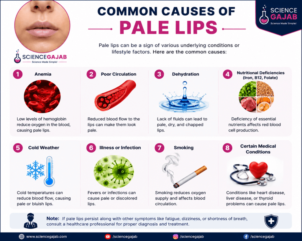 Alt text: Medical infographic titled “Common Causes of Pale Lips” with ScienceGajab branding, showing pale lips at the top and eight illustrated causes including anemia, poor circulation, dehydration, nutritional deficiencies, cold weather, illness or infection, smoking, and certain medical conditions, with health warning note