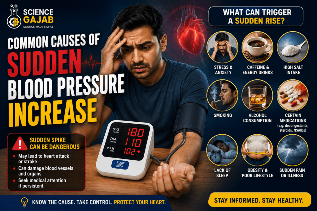 Man experiencing sudden blood pressure increase while checking BP monitor, surrounded by heart illustration and common hypertension triggers like stress, caffeine, smoking, lack of sleep, obesity, and high salt intake