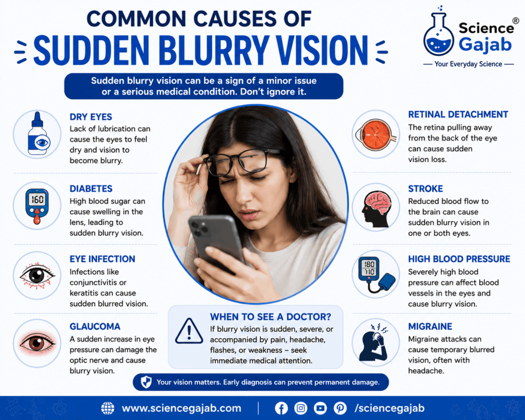 Medical infographic about common causes of sudden blurry vision featuring a worried woman struggling to see her phone clearly, with sections explaining dry eyes, diabetes, eye infection, glaucoma, retinal detachment, stroke, high blood pressure, and migraine in a blue-and-white