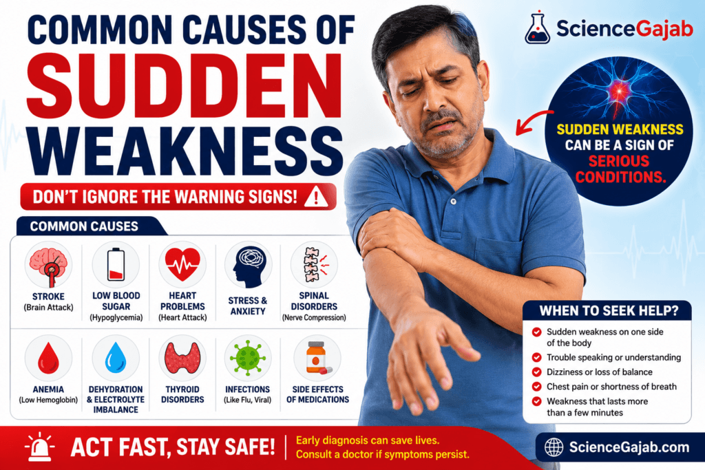A high-contrast medical infographic showing a man experiencing sudden arm weakness and discomfort, with bold text explaining common causes of sudden weakness such as stroke, low blood sugar, heart problems, anemia, dehydration, thyroid disorders, infections, and medication side effects.