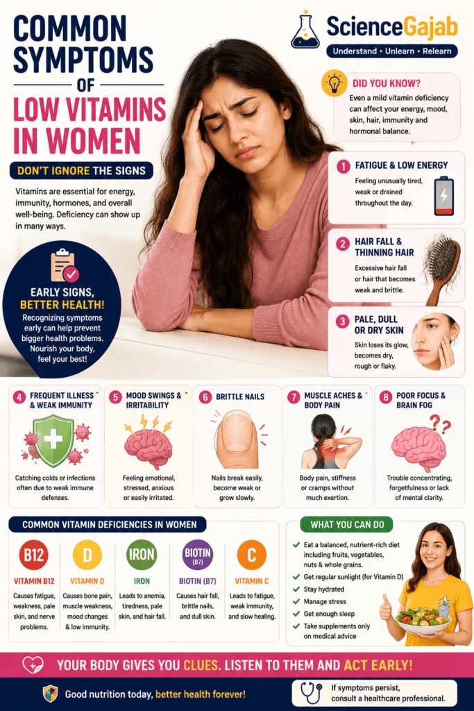 Attractive health infographic showing common symptoms of low vitamins in women, featuring a tired young woman with signs like fatigue, hair fall, dull skin, weak immunity, mood swings, brittle nails, muscle pain, and brain fog, along with vitamin deficiency information and healthy lifestyle tips