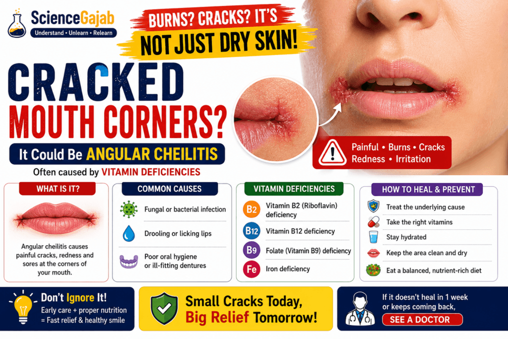 infographic showing painful cracked corners of the mouth caused by angular cheilitis and vitamin deficiencies, featuring red irritated lips, close-up mouth lesions, and sections explaining symptoms, causes, vitamin B2, B12, folate, iron deficiencies, and healing tips