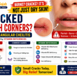 infographic showing painful cracked corners of the mouth caused by angular cheilitis and vitamin deficiencies, featuring red irritated lips, close-up mouth lesions, and sections explaining symptoms, causes, vitamin B2, B12, folate, iron deficiencies, and healing tips