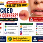 infographic showing painful cracked corners of the mouth caused by angular cheilitis and vitamin deficiencies, featuring red irritated lips, close-up mouth lesions, and sections explaining symptoms, causes, vitamin B2, B12, folate, iron deficiencies, and healing tips
