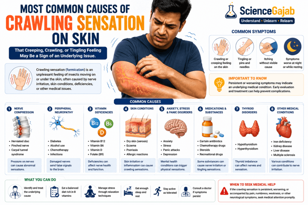 Medical infographic showing the most common causes of crawling sensation on the skin, including nerve compression, peripheral neuropathy, vitamin deficiencies, skin conditions, anxiety, medications, thyroid disorders, and other medical conditions, with a man scratching his arm and glowing nerve illustrations