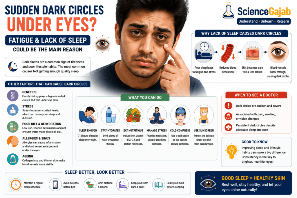 Young man with sudden dark circles under his eyes caused by fatigue and lack of sleep, with infographic sections explaining sleep deprivation, stress, dehydration, genetics, and lifestyle factors, along with healthy sleep tips