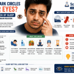Young man with sudden dark circles under his eyes caused by fatigue and lack of sleep, with infographic sections explaining sleep deprivation, stress, dehydration, genetics, and lifestyle factors, along with healthy sleep tips