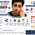 Young man with sudden dark circles under his eyes caused by fatigue and lack of sleep, with infographic sections explaining sleep deprivation, stress, dehydration, genetics, and lifestyle factors, along with healthy sleep tips